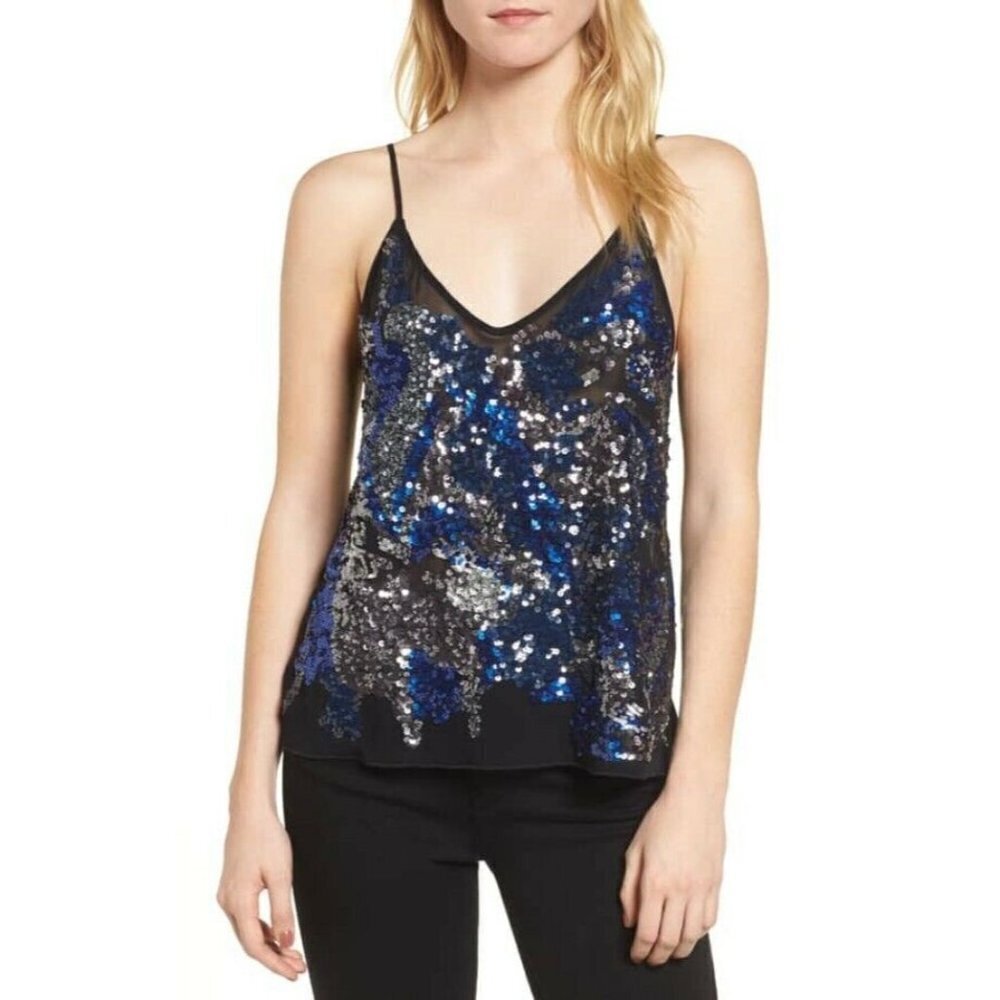 NWT TROUVÉ STRIPES SEQUIN SHEER CAMI BLUE LARGE
